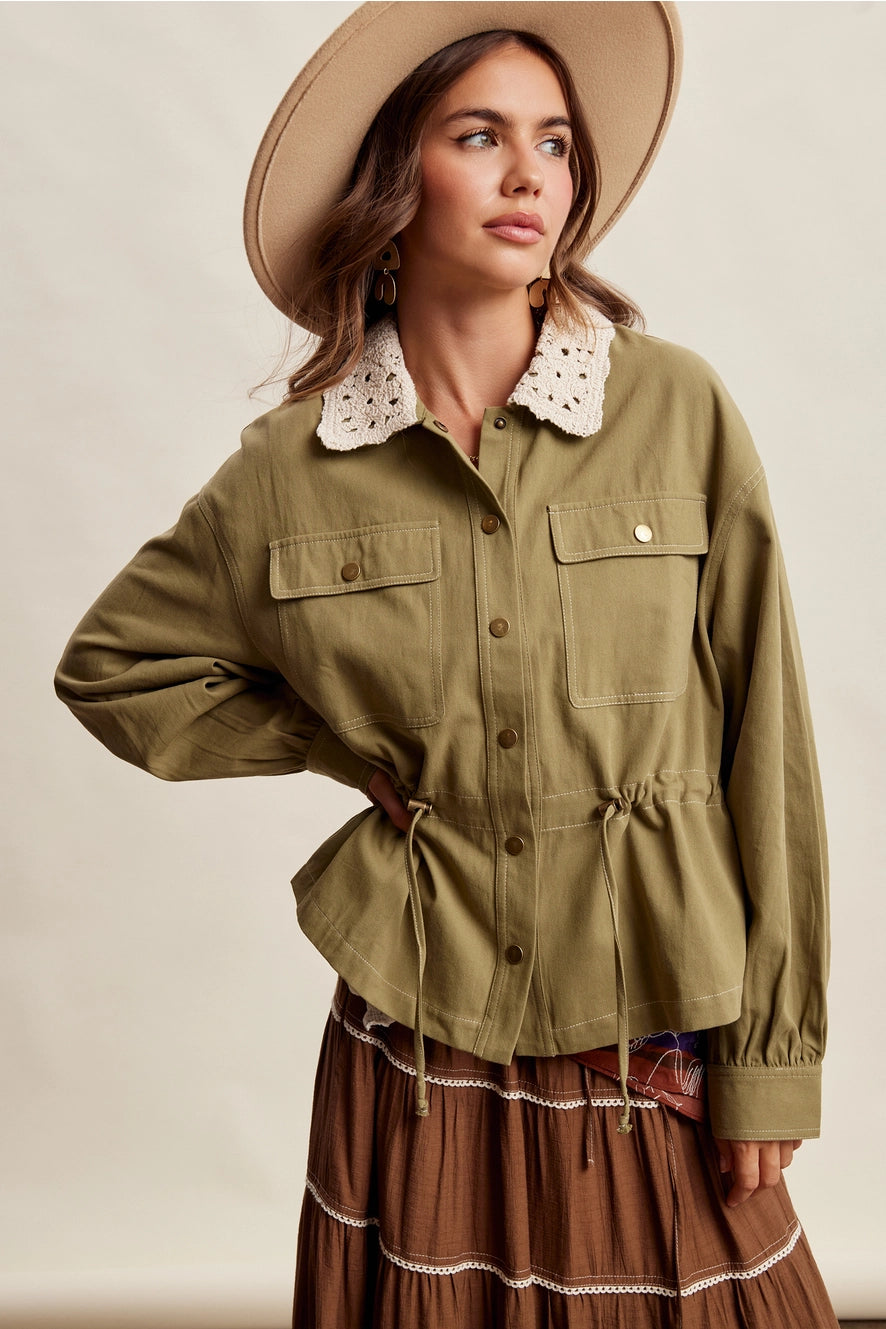 Olive Crochet Collar Utility Jacket