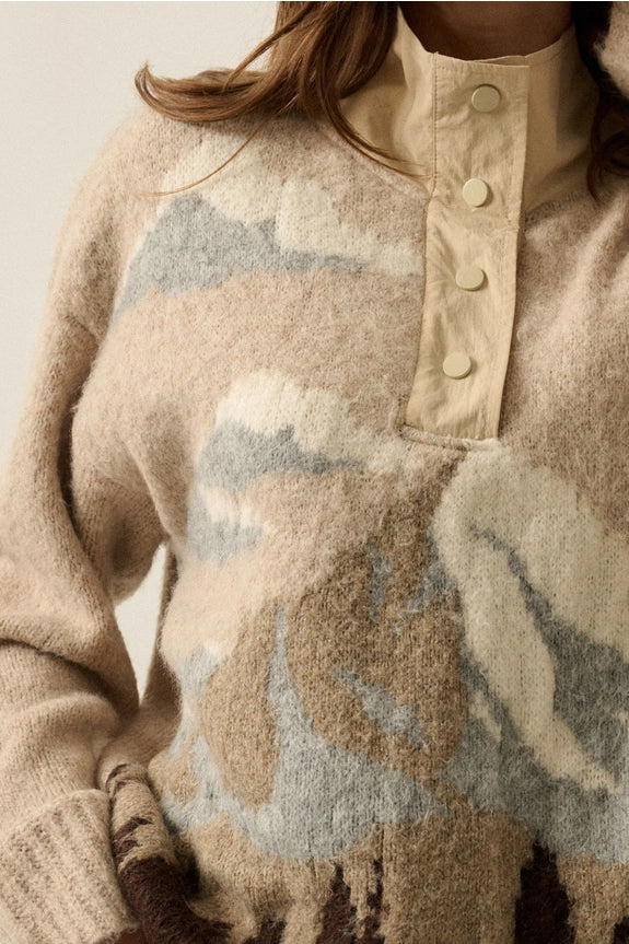 Oatmeal Jacquard-Knit Landscape Quarter-Zip Pullover Sweater Jacket
