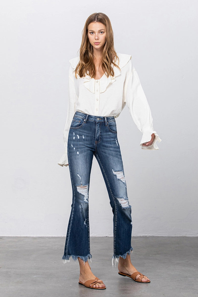 Insane Gene High Stretch Mid Rise Frayed Hem Distressed Crop Flare Jeans