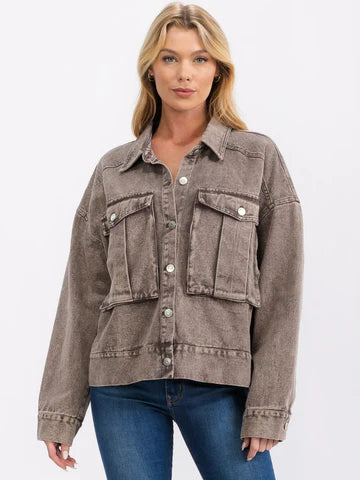 Charcoal Washed Denim Large Front Pockets Jacket