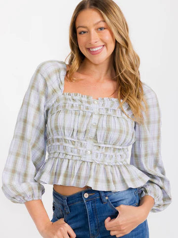 Plaid Smocked Peplum Blouse