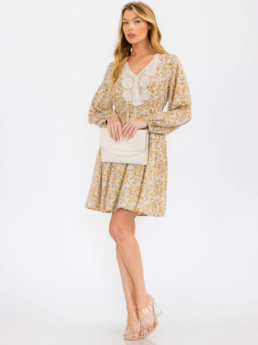 V-Neck Lace Floral Mini Dress
