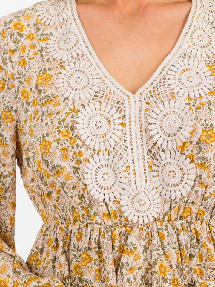 V-Neck Lace Floral Mini Dress