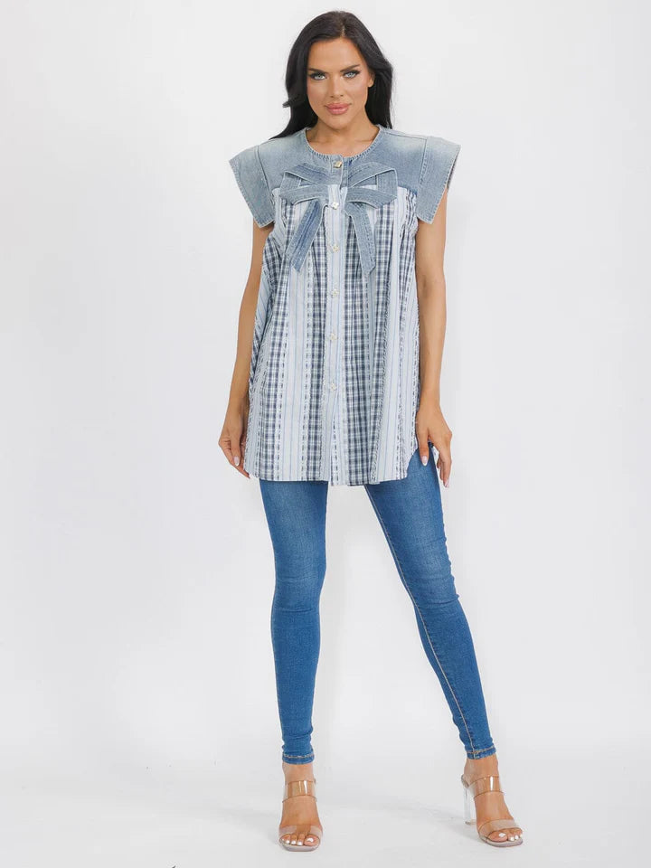 Denim Contrast Bow Tunic Top