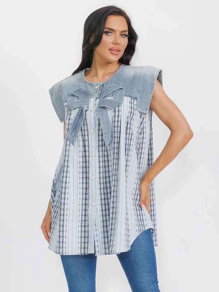 Denim Contrast Bow Tunic Top