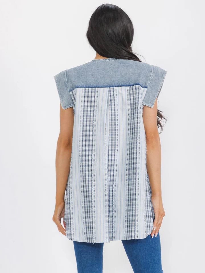 Denim Contrast Bow Tunic Top