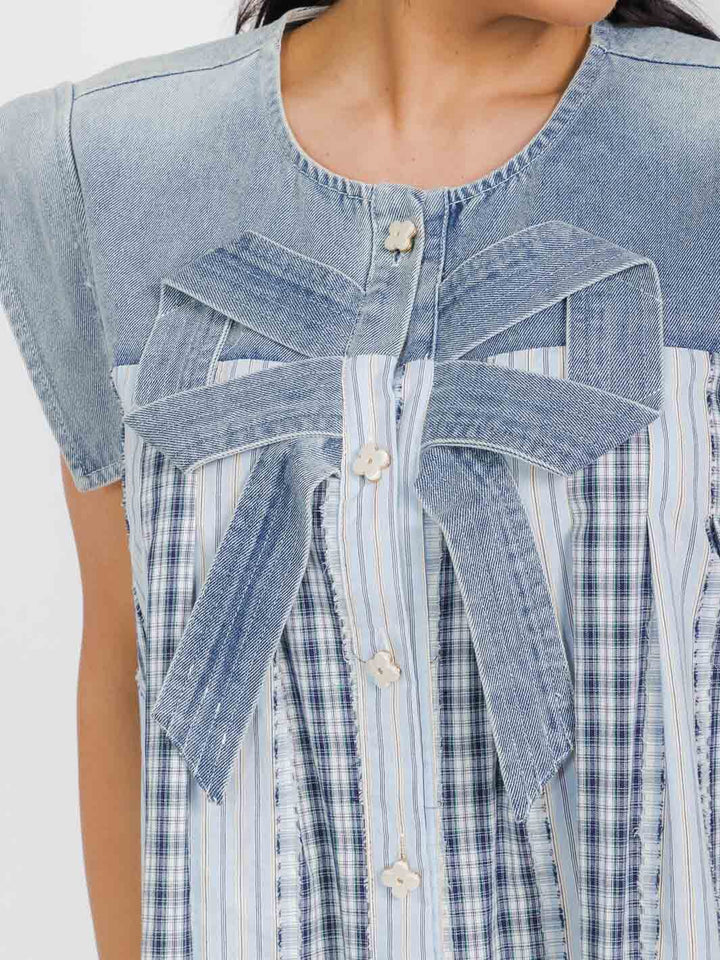 Denim Contrast Bow Tunic Top