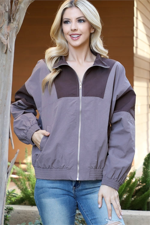 Brown Color-Block Windbreaker