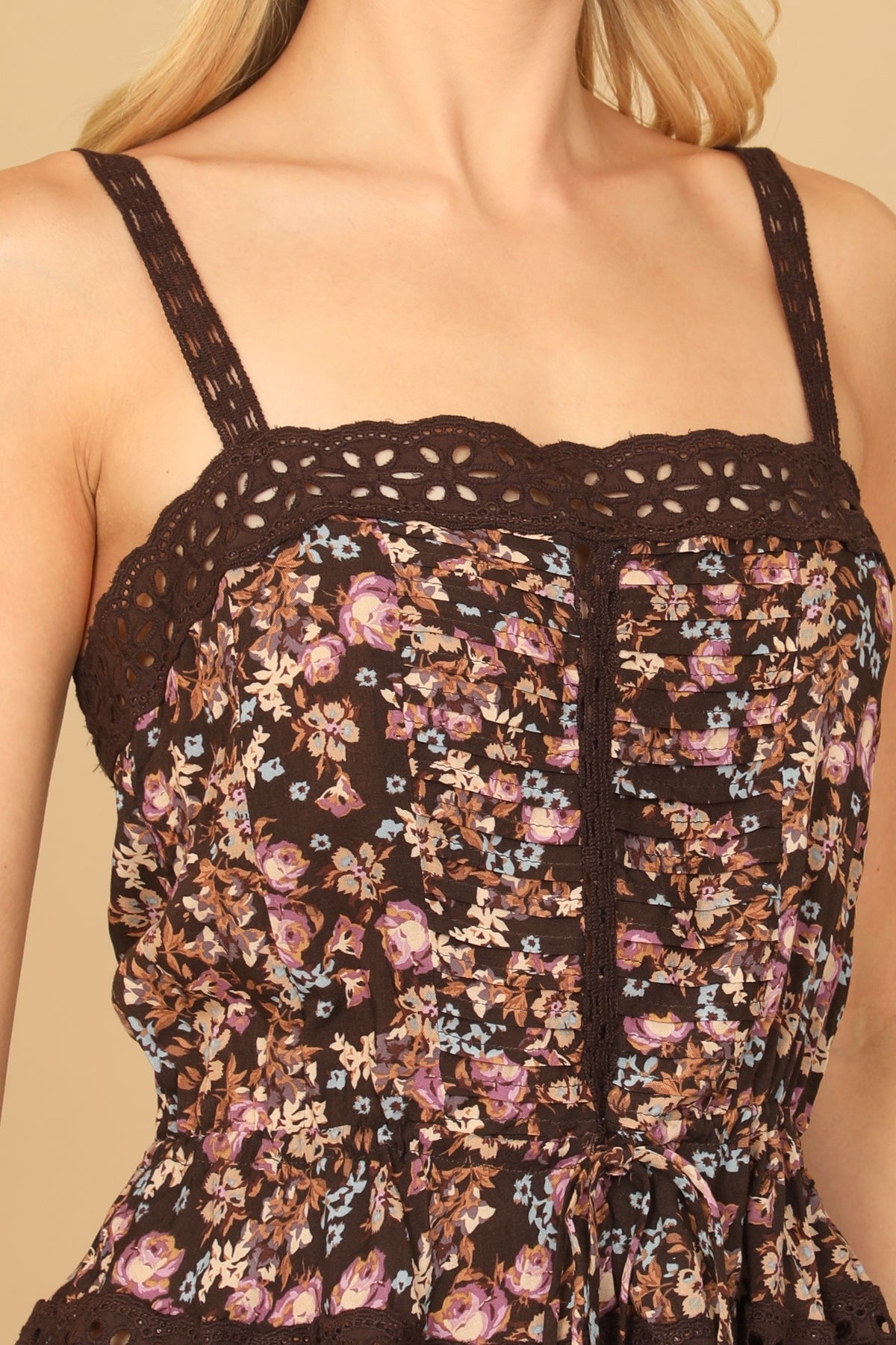 Brown Lace Pleated Tie Waist Cami