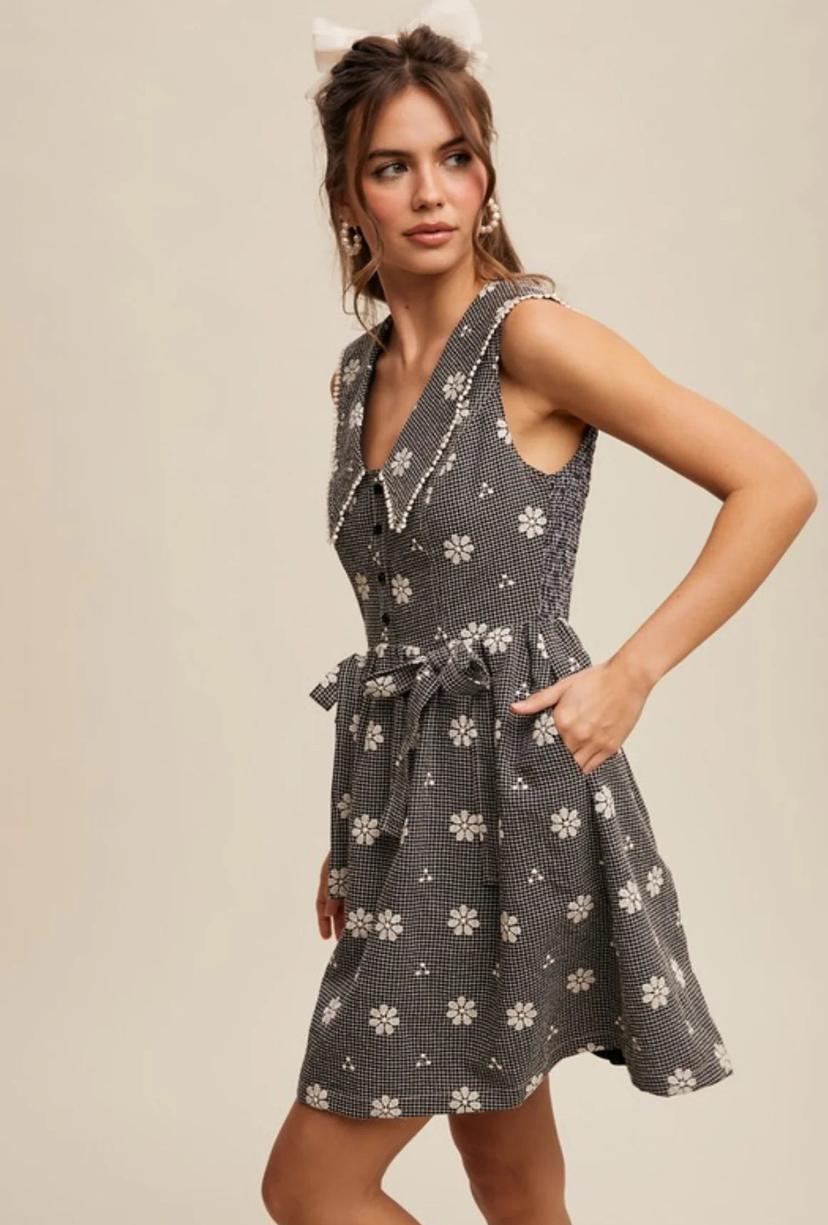Gingham Embroidered Floral Mini Dress