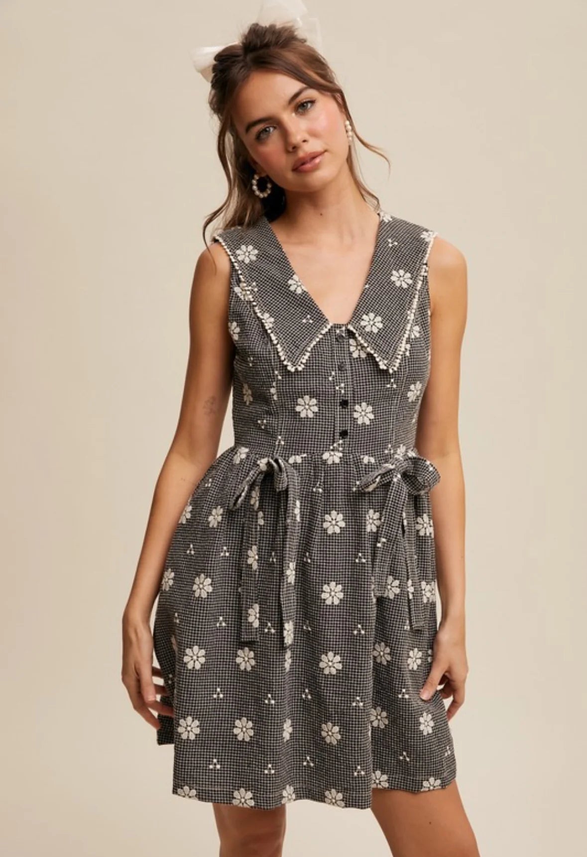 Gingham Embroidered Floral Mini Dress