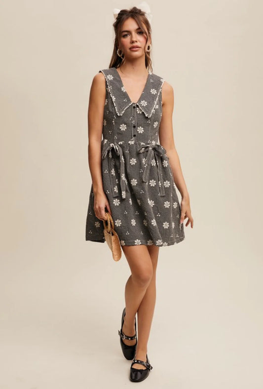 Gingham Embroidered Floral Mini Dress