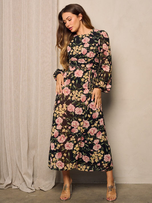 Black Ruched Floral Maxi Dress