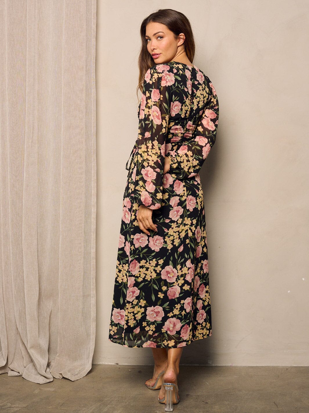 Black Ruched Floral Maxi Dress