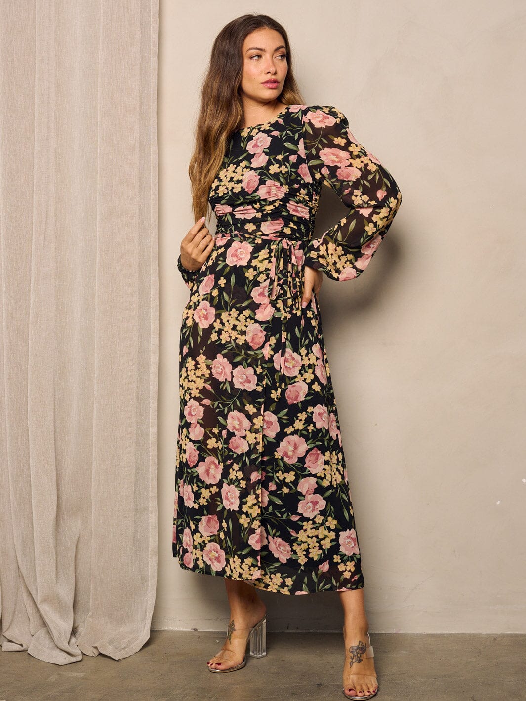 Black Ruched Floral Maxi Dress