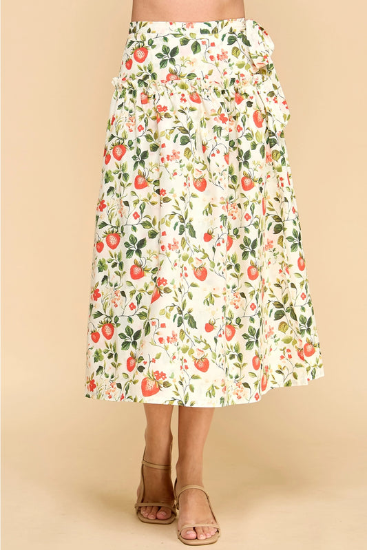 Strawberry Print High Waist Ruffle Midi Skirt