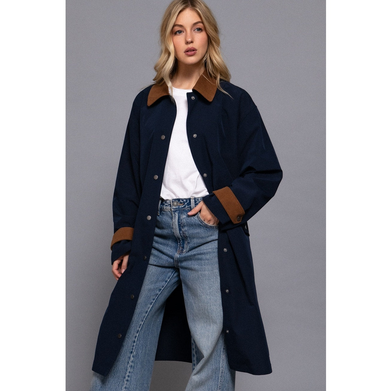 Navy Contrast Collar Button Down Long Trench Coat