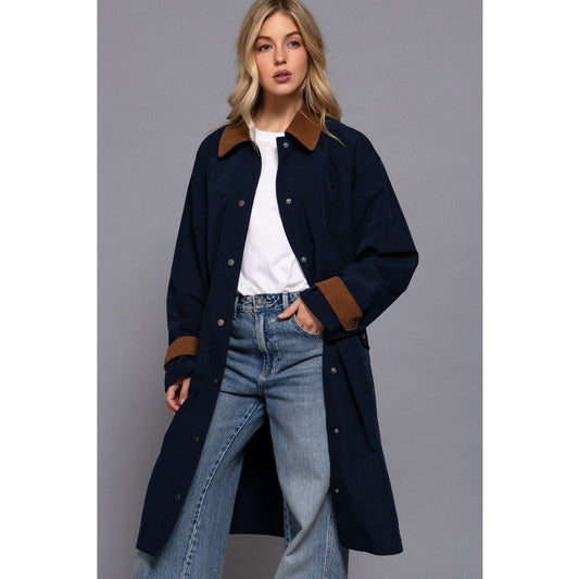 Navy Contrast Collar Button Down Long Trench Coat