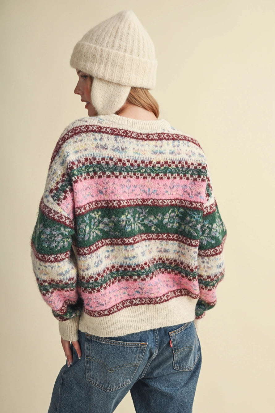 Ivory Pink Floral Fair Isle Sweater