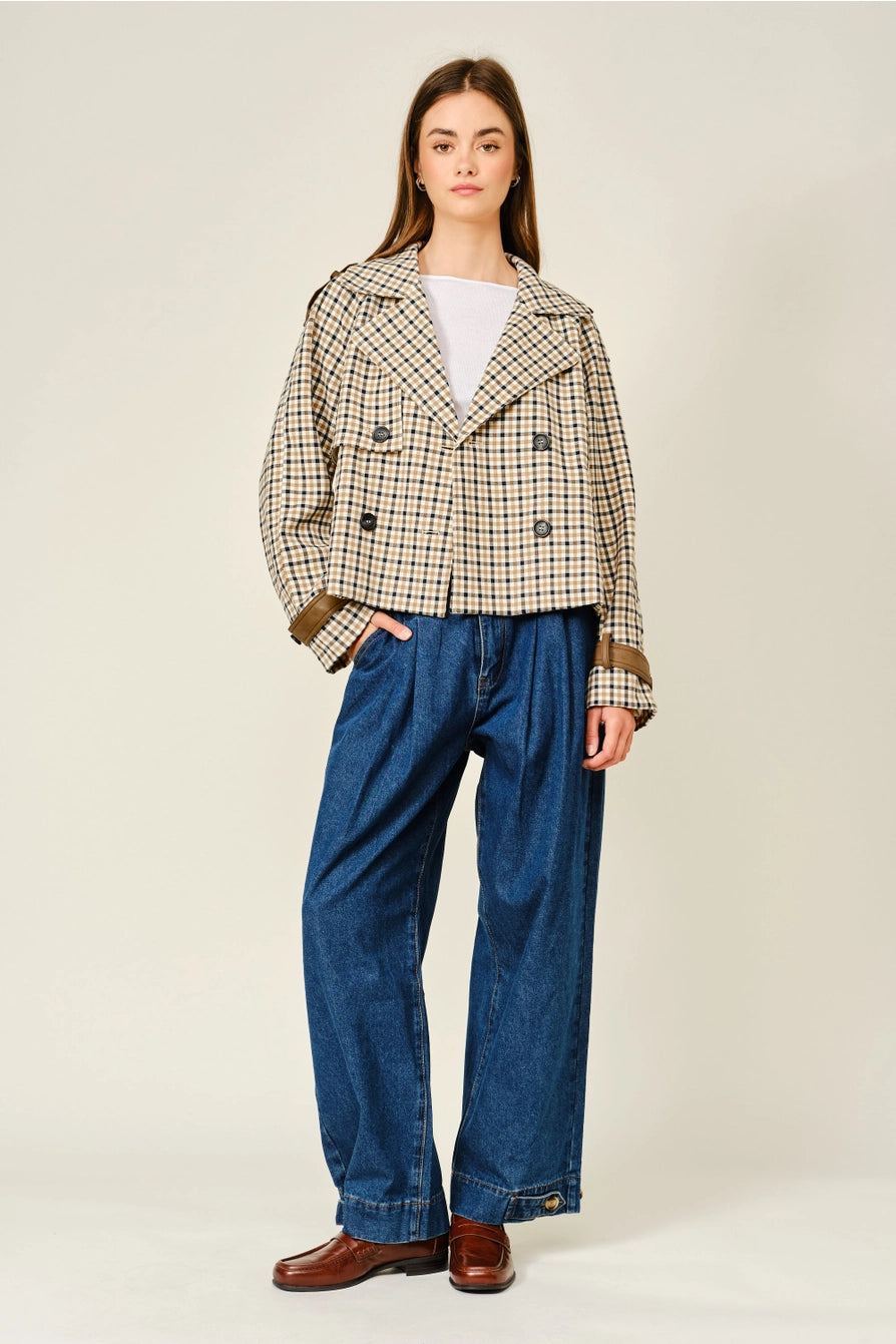 Oxford Plaid Short Trench Jacket