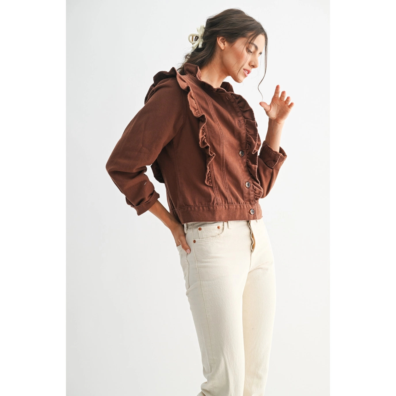 Brown Ruffled Button-Up Denim Jacket