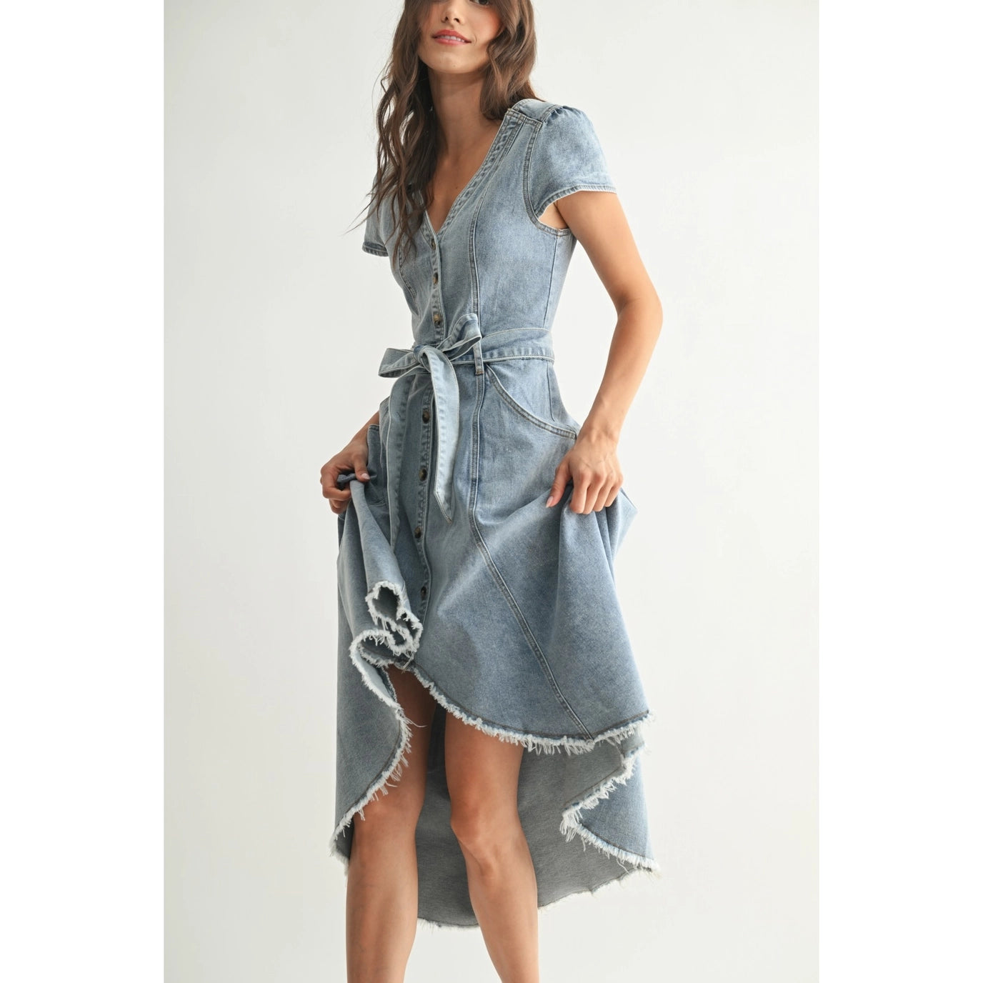 Front Button Down Asymmetrical Denim Dress