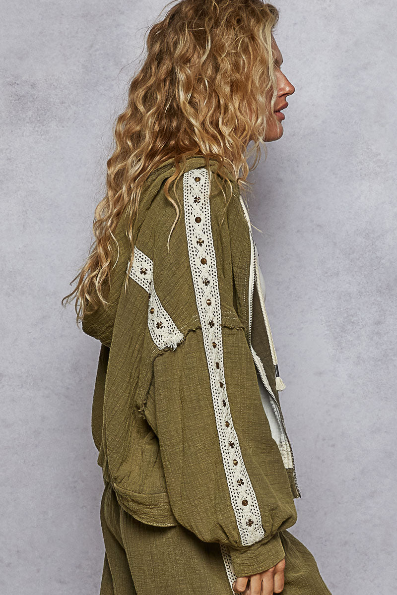 Vintage Olive Double Gauze Stud Detail Hoodie Jacket