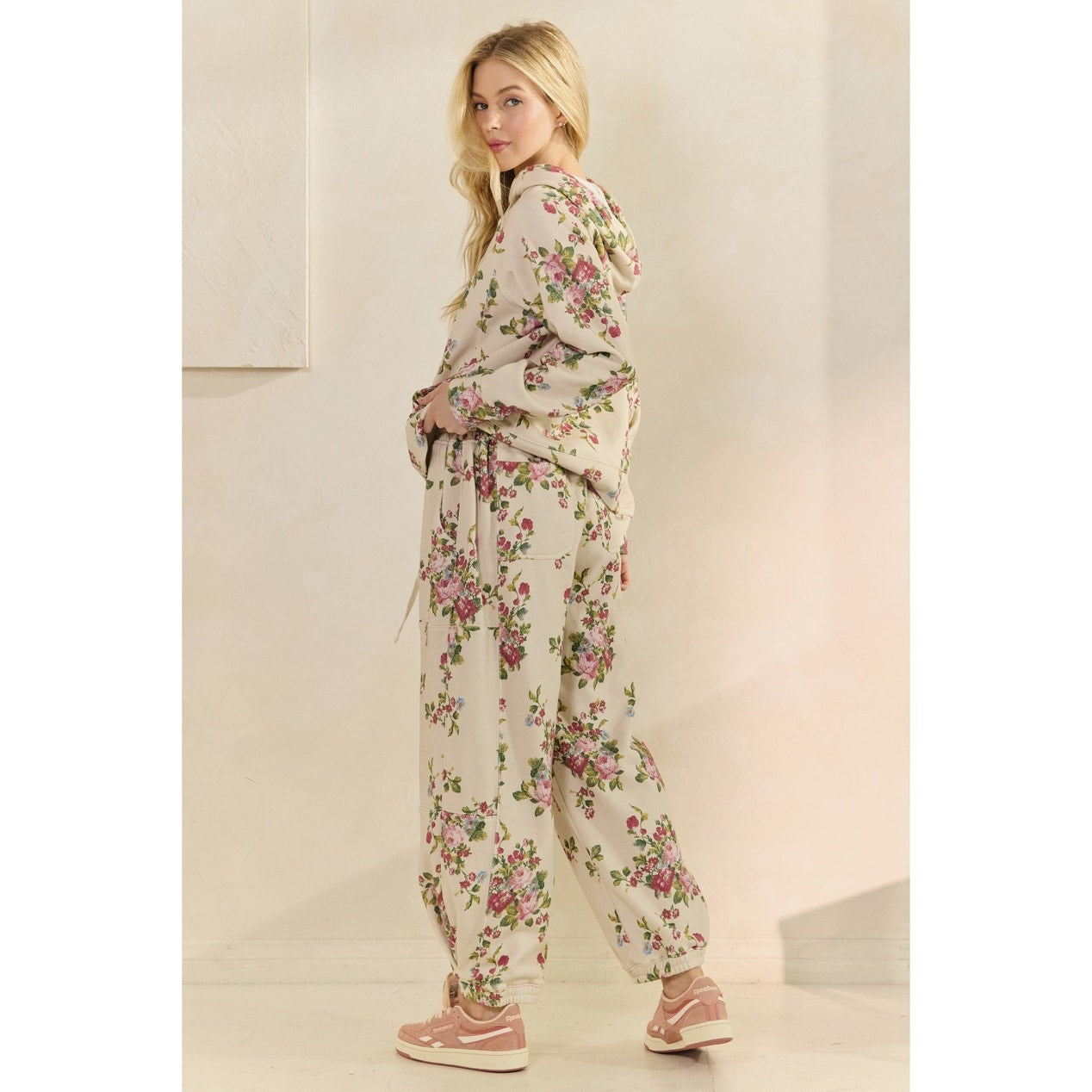 Beige Floral Printed French Terry Pants