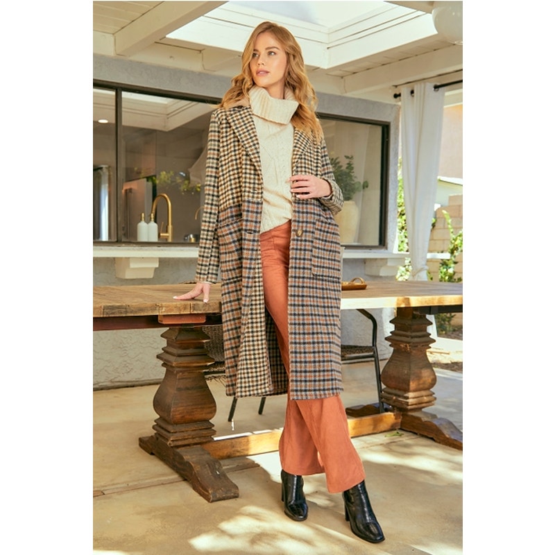 Taupe Mix Plaid Long Coat with Faux Fur Collar