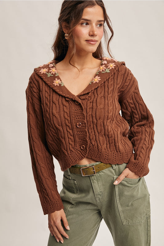Mocha Cable Knit Embroidered Collar Cardigan