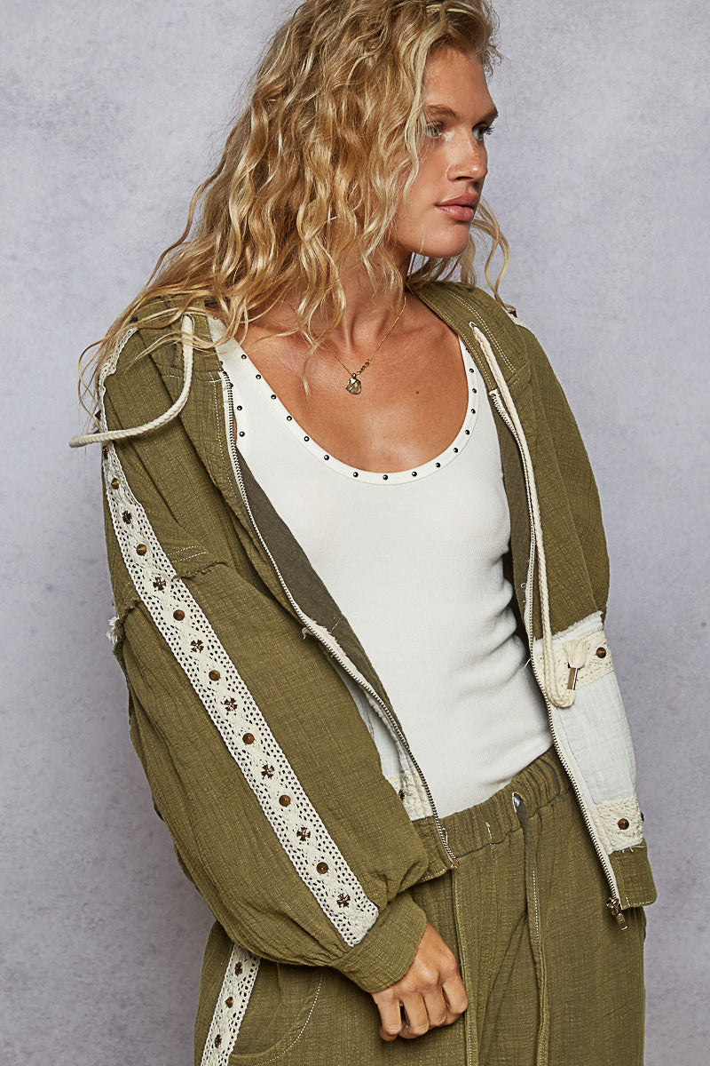 Vintage Olive Double Gauze Stud Detail Hoodie Jacket