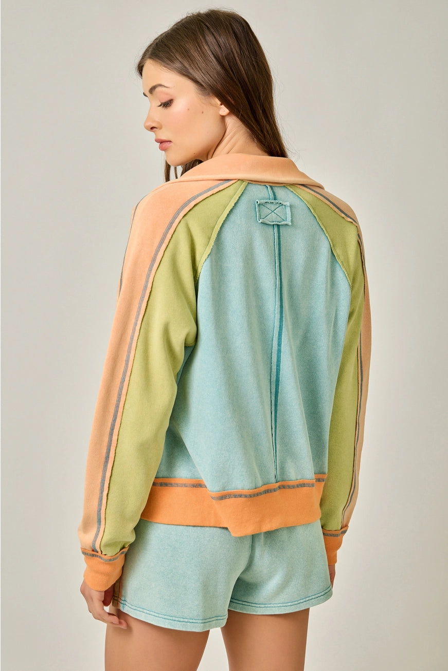 Seafoam Orange Color Block Zipped Up Jacket