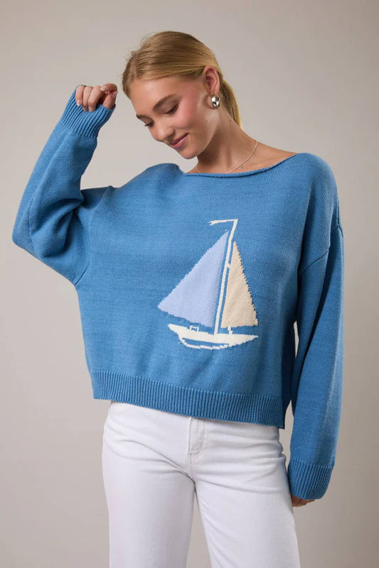 Blue Sailboat Boat Neck Sweater