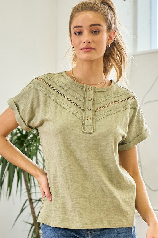 Pistachio Henley Dolman Sleeve Tee with Lace Trim