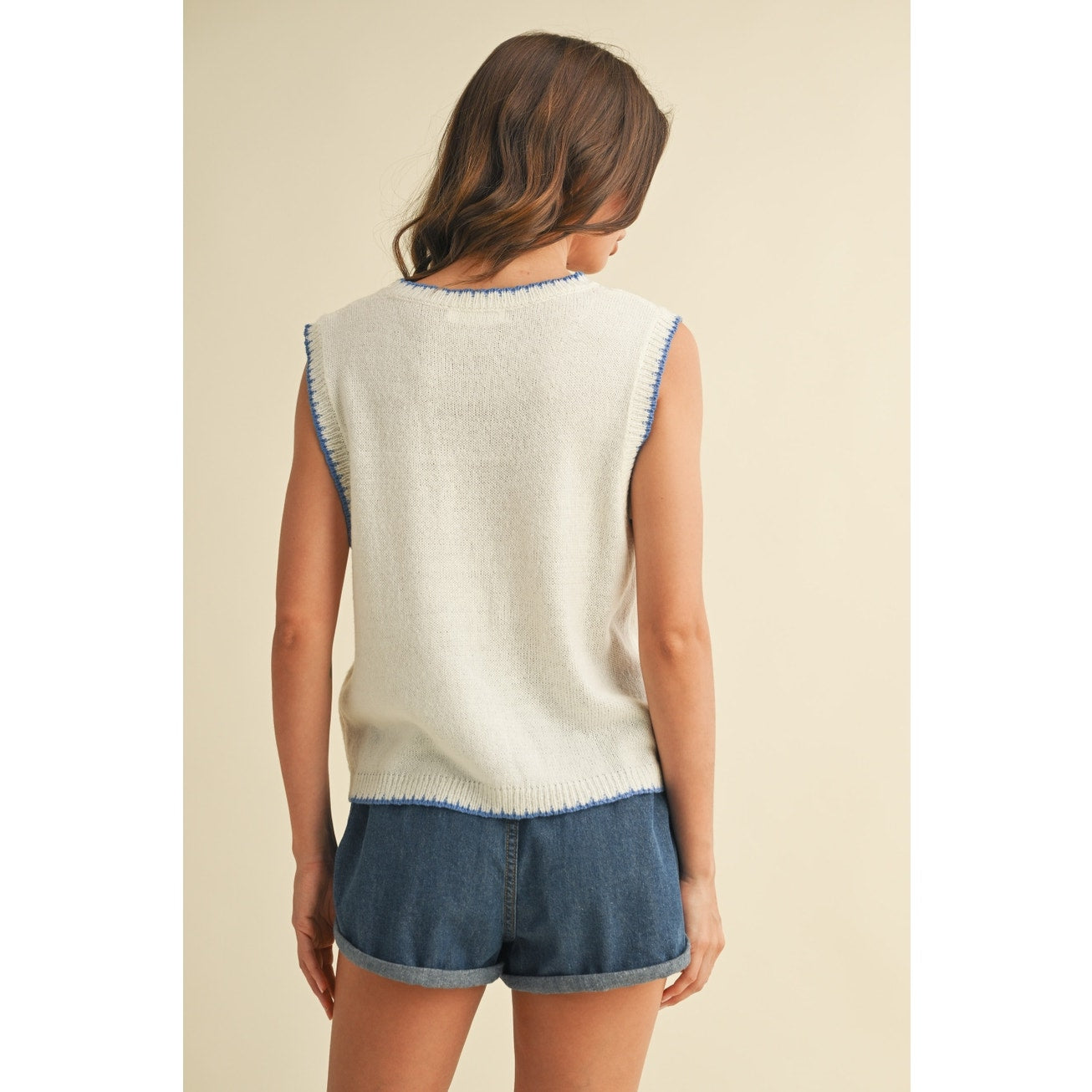 Blue & Cream Fish Printed Sleeveless Sweater Top