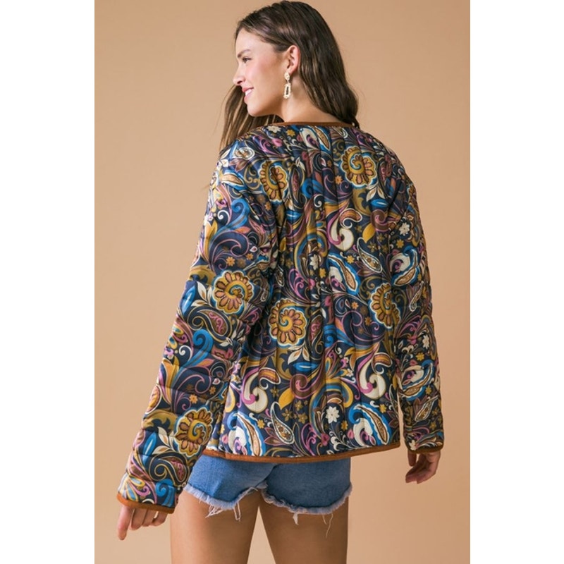 Navy Paisley Quilted Puffer Jacket