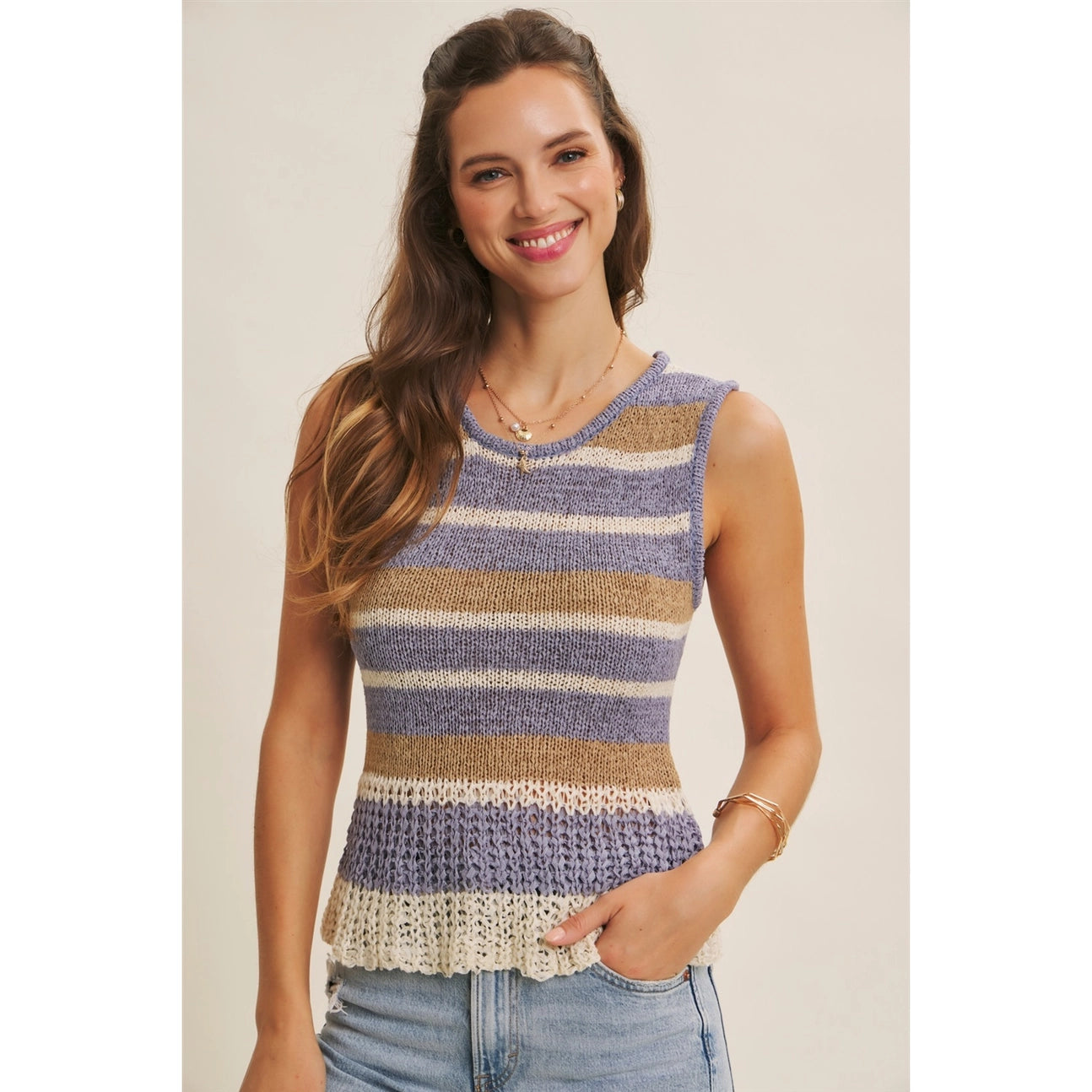 Dusty Blue Laid-Back Coastal Stripe Airy Sweater Knit Tank