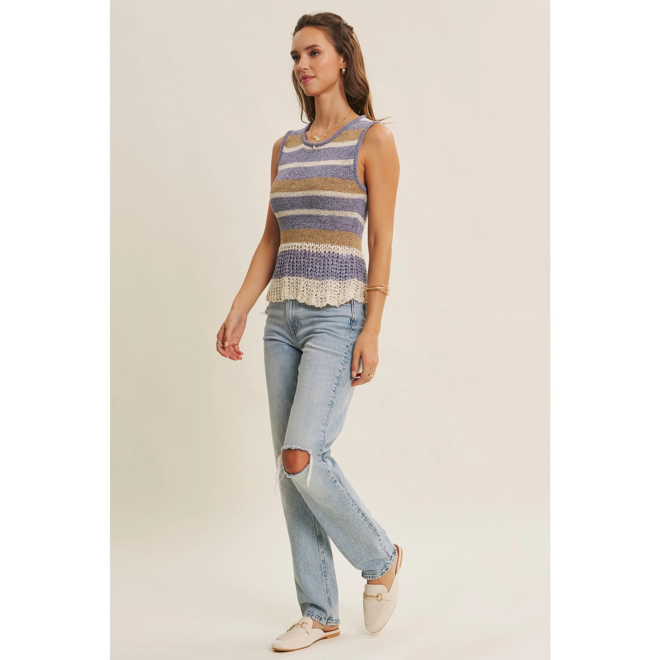 Dusty Blue Laid-Back Coastal Stripe Airy Sweater Knit Tank
