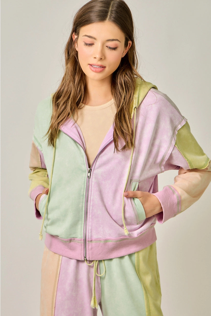 Pastel Garden Color Blocked Zip-Up Hoodie