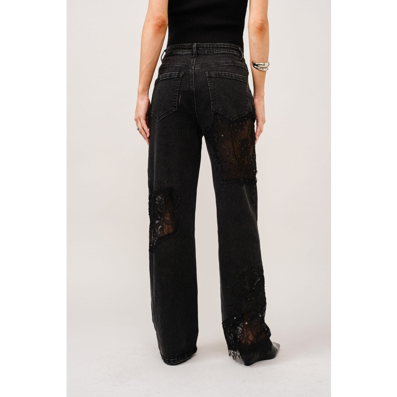 Black Lace Patchwork Straight Leg Jeans