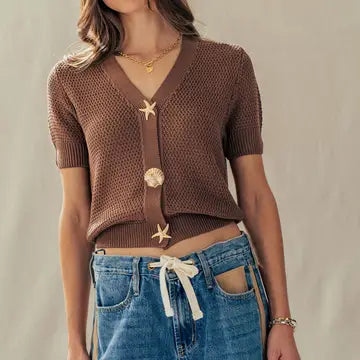 Mocha Coastal Seashell Button Textured Knit Cardigan Top