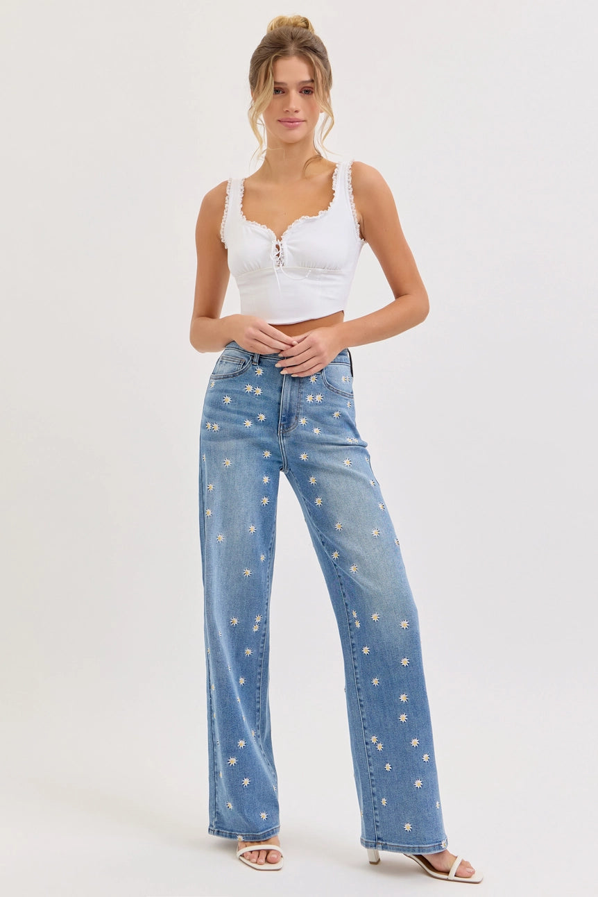 Daisy Embroidered High Rise Wide Leg Jeans