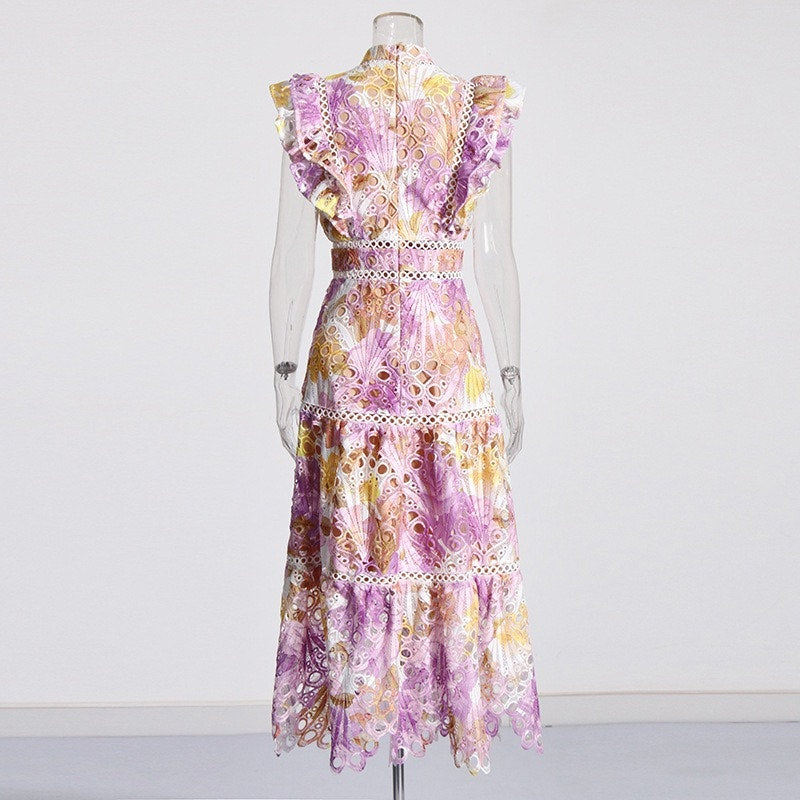 Floral Embroidered Lace Sleeveless Midi Dress