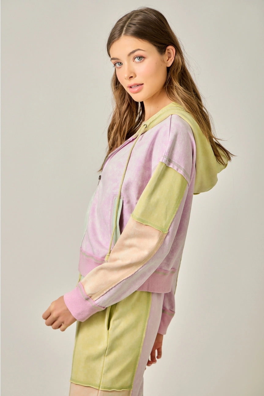 Pastel Garden Color Blocked Zip-Up Hoodie