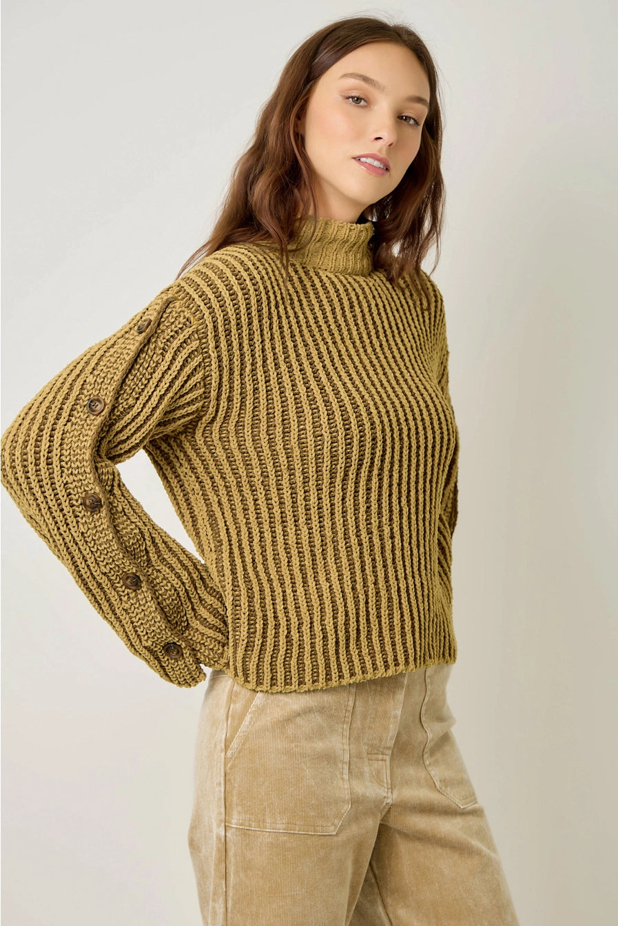 Mustard Velvety Two-Tone Sleeve Buttoned Sweater