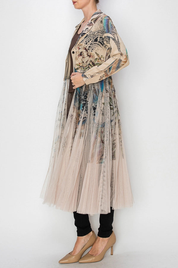 Blue Abstract Longline Blazer Jacket with Mesh Tulle Panel