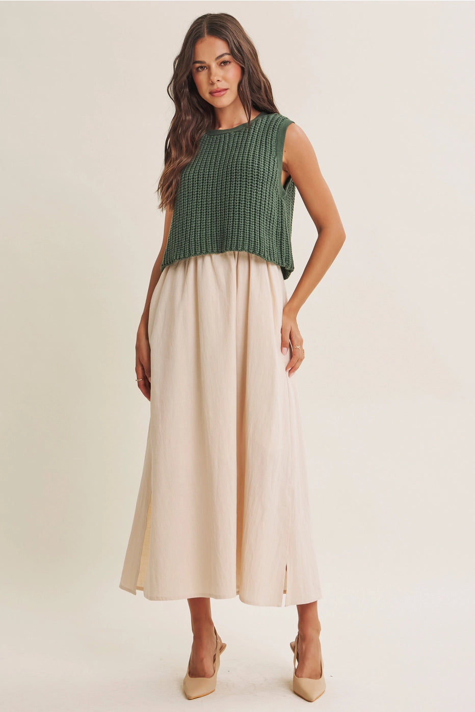 Forest Green Chunky Sweater Mixed Media Midi Dress