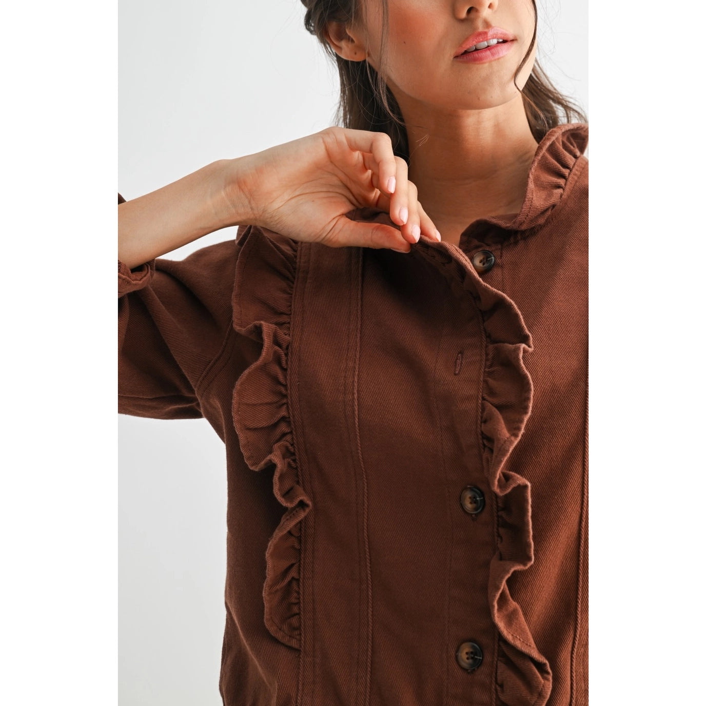 Brown Ruffled Button-Up Denim Jacket