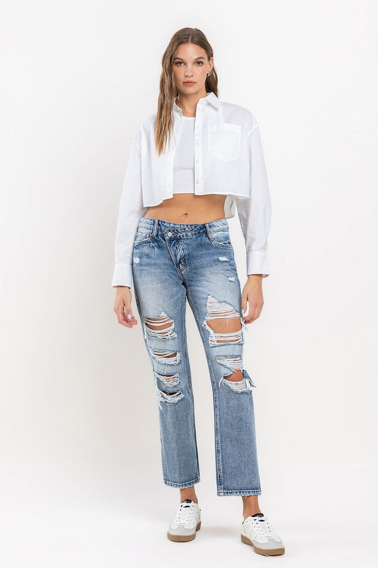 The Options High Rise Criss Cross Distressed Boyfriend Jeans