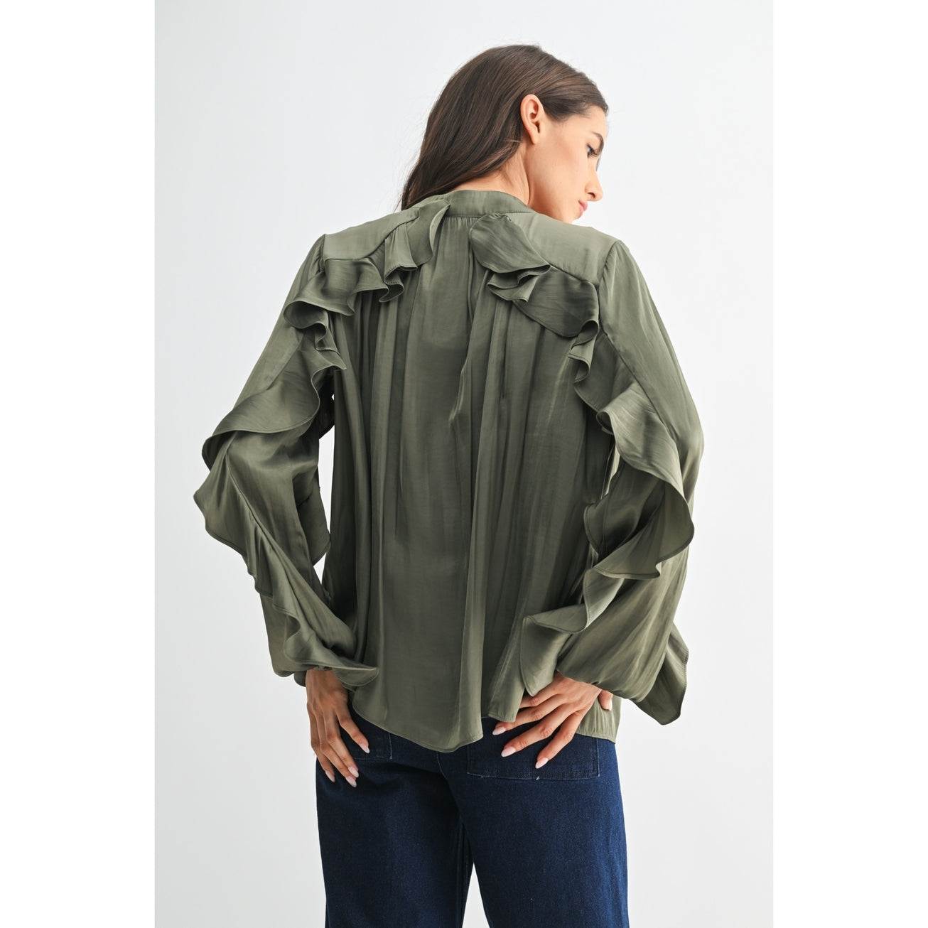 Exquisite Olive Ruffled Detail Blouse